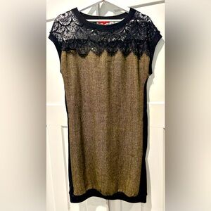 K Derhy gold & black, embellished, wool blend, sleeveless, lined dress, Sz L